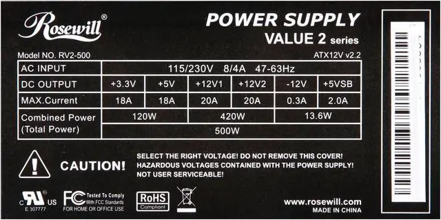 Alt view image 5 of 7 - Rosewill RV2-500 500 W ATX12V v2.2 / EPS12V SLI Ready Power Supply
