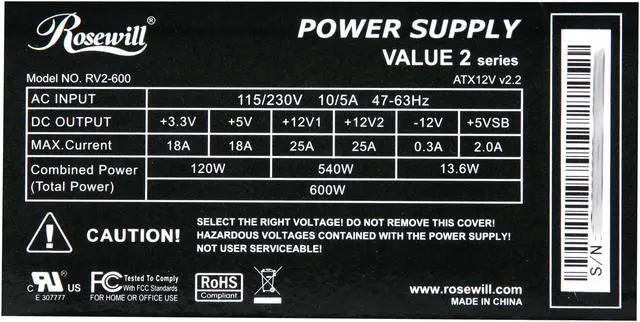 Alt view image 4 of 6 - Rosewill RV2-600 600 W ATX12V v2.2 / EPS12V SLI Ready Power Supply