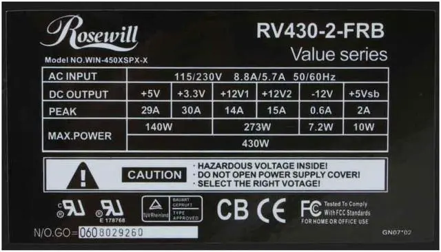 Alt view image 3 of 8 - Rosewill RV430-2-FRB 430W ATX 12V Ver2.01 Power Supply