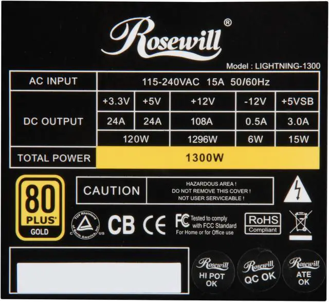 Alt view image 7 of 9 - Rosewill LIGHTNING-1300 - 1300-Watt Modular, Active PFC Power Supply - Continuous @ 122 Degrees F (50C), 80 PLUS Gold, ATX 12V v2.31 & EPS 12V v2.92, Intel Haswell, SLI & CrossFire-Ready