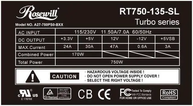 Alt view image 7 of 9 - Rosewill RT750-135-SL 750W ATX12V v2.2 SLI Ready CrossFire Ready   Power Supply