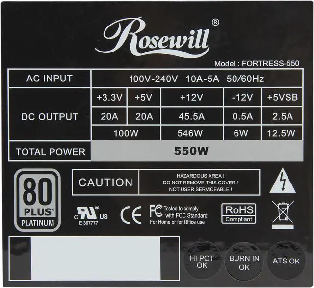 Alt view image 5 of 7 - Rosewill FORTRESS-550 - 550-Watt Active PFC Power Supply - Continuous @ 122 Deg. F (50C), 80 PLUS Platinum, ATX 12V v2.31 & EPS12V v2.92, Intel Haswell, SLI & CrossFire Ready