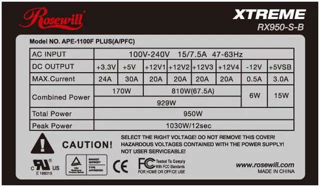 Alt view image 6 of 9 - Rosewill Xtreme Series RX950-S-B 950W Continuous @40°C ,80 PLUS Certified, ATX12V v2.2 & EPS12V v2.91, SLI Ready CrossFire Ready,  Active PFC "Compatible with Core i7, i5" Power Supply