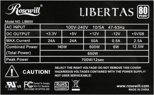 Alt view image 5 of 6 - Rosewill Libertas Series LIB-650 650W Continuous @40°C,80 PLUS Certified, Full Modular, ATX12V v2.3/EPS12V v2.92,SLI Ready, CrossFire Ready, Active PFC, Compatible with Core i7, i5 Power Supply