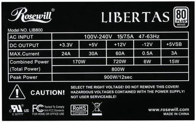 Alt view image 5 of 6 - Rosewill Libertas Series LIB-800 800W Continuous @50°C,80 PLUS Bronze Certified, Full Modular, ATX12V v2.3/EPS12V v2.92,SLI Ready,CrossFire Ready,Active PFC,Compatible with Core i7, i5 Power Supply