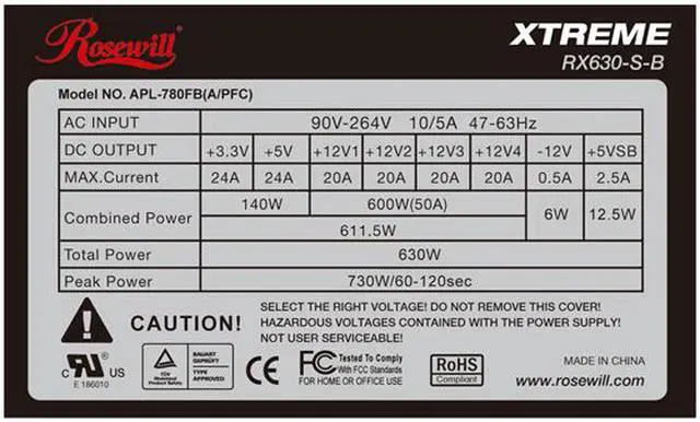 Alt view image 8 of 9 - Rosewill RX630-S-B 630W ATX12V v2.2 & EPS12V v2.91 SLI Ready CrossFire Ready 80 PLUS Certified  Active PFC Power Supply