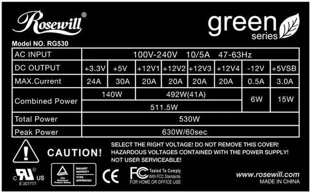 Alt view image 6 of 11 - Rosewill Green Series RG530-2 530W Continuous @40°C, 80 PLUS Certified,ATX12V v2.3 & EPS12V v2.91, SLI Ready,CrossFire Ready,Active PFC "Compatible with Core i7, i5" Power Supply