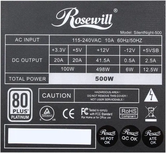 Alt view image 6 of 8 - Rosewill SilentNight-500 - 500-Watt Fanless Active PFC Power Supply - Continuous @ 122 Degrees F (50C), 80 PLUS Platinum, ATX 12V v2.31 & EPS 12V v2.92, Intel Haswell, SLI & CrossFire Ready