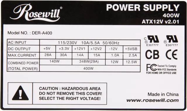 Alt view image 4 of 6 - Rosewill DER-A400 Continuous 400W ATX12V v2.01 DELL Replacement Power Supply