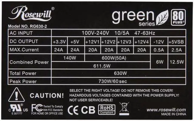 Alt view image 5 of 10 - Rosewill Green Series RG630-2 630W Continuous @40°C,80 PLUS Certified,ATX12V v2.3,SLI Ready,CrossFire Ready,Active PFC"Compatible with Core i7, i5" Power Supply