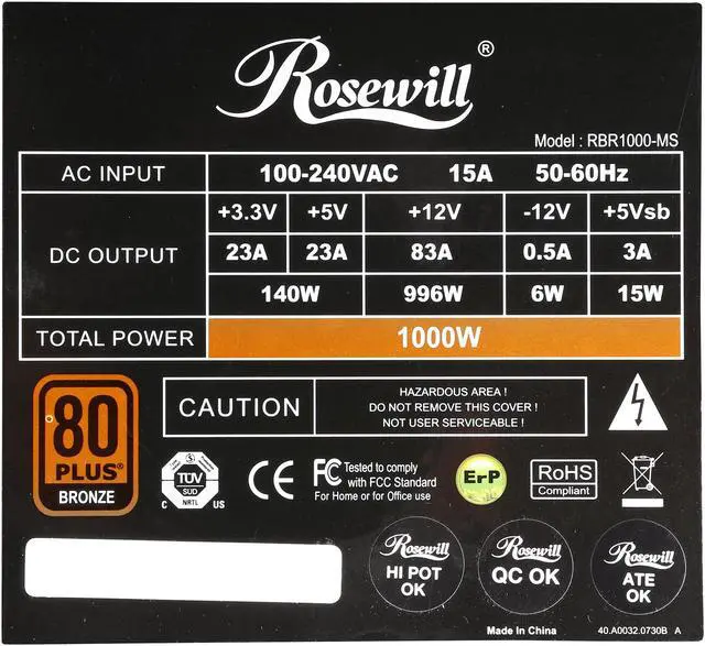 Alt view image 7 of 8 - Rosewill BRONZE Series, RBR1000-MS, 1000W Semi-Modular Power Supply, 80 PLUS BRONZE, Blue LED Dual-Ball-Bearing Fan, ATX 12V v2.3 / EPS 12V, SLI & CrossFire Ready, Black