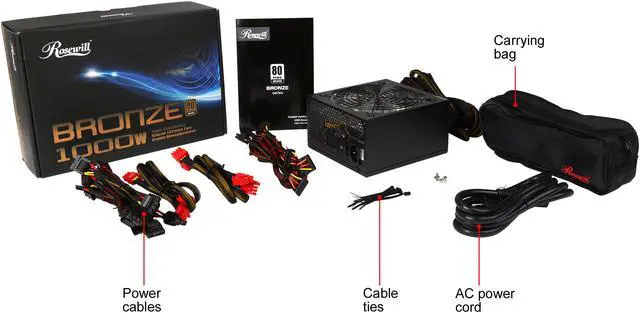 Alt view image 8 of 8 - Rosewill BRONZE Series, RBR1000-MS, 1000W Semi-Modular Power Supply, 80 PLUS BRONZE, Blue LED Dual-Ball-Bearing Fan, ATX 12V v2.3 / EPS 12V, SLI & CrossFire Ready, Black