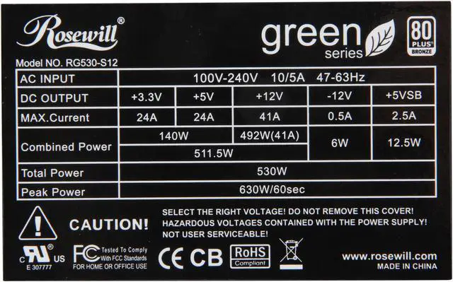 Alt view image 6 of 7 - Rosewill Green Series RG530-S12 530W Continuous @40°C, 80 PLUS Bronze Certified, Single 12V Rail, SLI & Crossfire Ready, Active PFC "Compatible with AMD APU & Intel Core i7,i5,i3" Power Supply