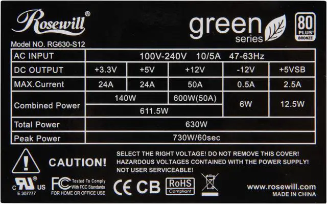 Alt view image 6 of 7 - Rosewill RG630-S12 - Green Series 630-Watt Active PFC Power Supply Unit - Continuous @ 104 Deg. F (40C), 80 PLUS Bronze Certified, Single 12V Rail, Compatible with Core i7, i5