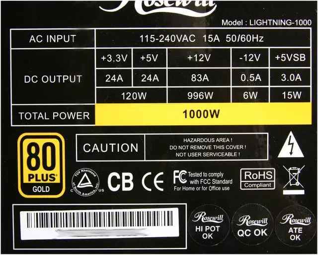 Alt view image 8 of 9 - Rosewill LIGHTNING-1000 Continuous 1000W & 50 Degree C Power Supply