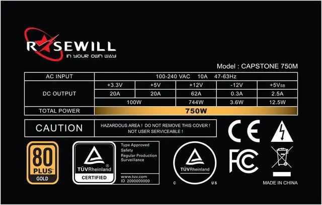 Alt view image 4 of 8 - Rosewill CAPSTONE Series, CAPSTONE-750-M, 750W Semi-Modular Power Supply, 80 PLUS GOLD Certified, Single +12V Rail, SLI & CrossFire Ready, Black