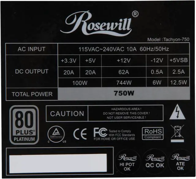 Alt view image 6 of 8 - Rosewill TACHYON Series TACHYON 750 Continuous 750W @40 degree C, 80 PLUS PLATINUM Certified, Full-Modular Design, Single +12V Rail, ATX12V /EPS12V, SLI Ready, Crossfire Ready, Active-PFC Power Supply