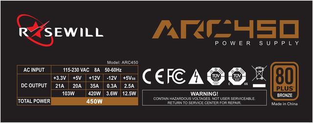 Alt view image 6 of 7 - Rosewill ARC Series, ARC 450, 450W Non-Modular Power Supply, 80 PLUS BRONZE Certified, Single +12V Rail, SLI & CrossFire Certified, Black