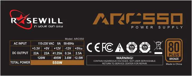 Alt view image 5 of 7 - Rosewill ARC Series, ARC 550, 550W Non-Modular Power Supply, 80 PLUS BRONZE Certified, Single +12V Rail, SLI & CrossFire Ready, Black