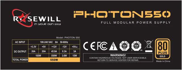Alt view image 2 of 7 - Rosewill PHOTON Series, PHOTON-550, 550W Fully Modular Power Supply, 80 PLUS GOLD Certified, Single +12V Rail, SLI & CrossFire Ready, Black