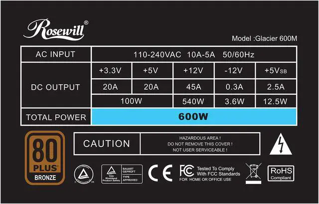 Alt view image 6 of 8 - Rosewill Glacier Series, Glacier 600M, 600W Semi-Modular Power Supply, 80 PLUS BRONZE Certified, Silent Aero-Diversion Fan with Auto Fan Speed Control, Single +12V Rail, SLI & CrossFire Ready, Black