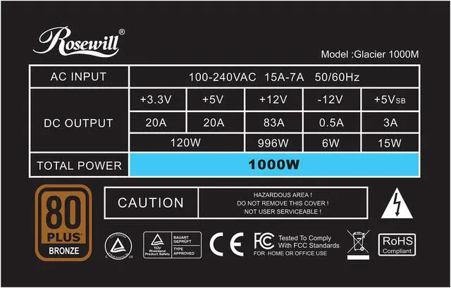 Alt view image 6 of 8 - Rosewill Glacier Series 1000W Semi-Modular Gaming Power Supply with Silent Aero-Diversion Fan, 80 PLUS Bronze Certified, Single +12V Rail, SLI & Crossfire Ready - Glacier-1000M