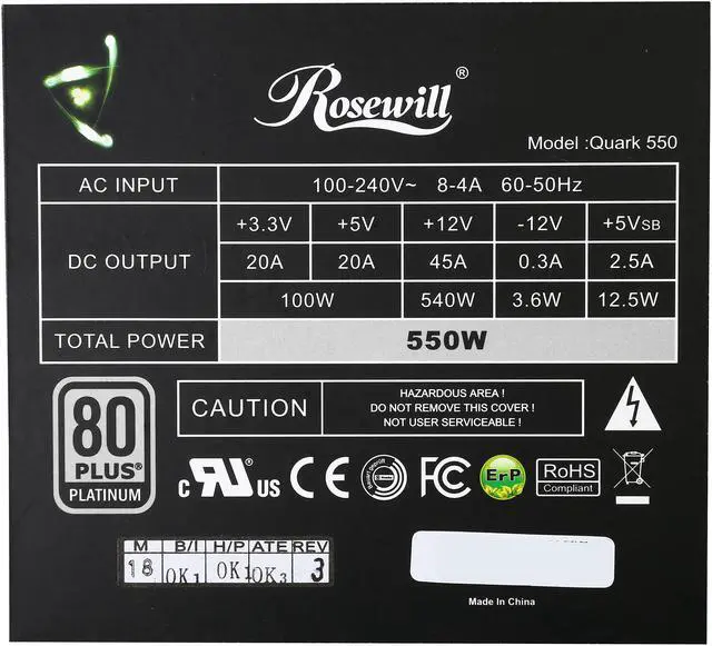 Alt view image 6 of 7 - Rosewill Quark Series 550W Full Modular Gaming Power Supply with LED Indicator, 80 Plus Platinum Certified, Single +12V Rail, Intel 4th Gen CPU Ready, SLI & Crossfire Ready - Quark-550