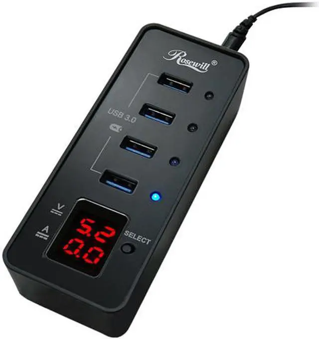 Main image of Rosewill RHB-344 USB 3.0 4-Port Hub and Fast Charging with Voltage & Current Display Screen For Each Port Detection