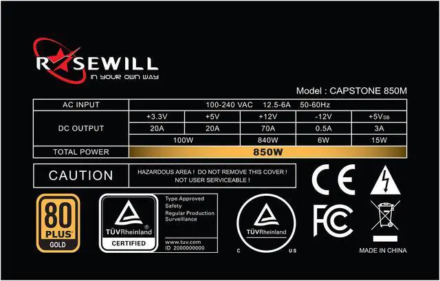 Alt view image 6 of 8 - Rosewill CAPSTONE Series, CAPSTONE-850-M, 850W, Semi-Modular Power Supply, 80 PLUS GOLD Certified, Single +12V Rail, SLI & CrossFire Ready, Black