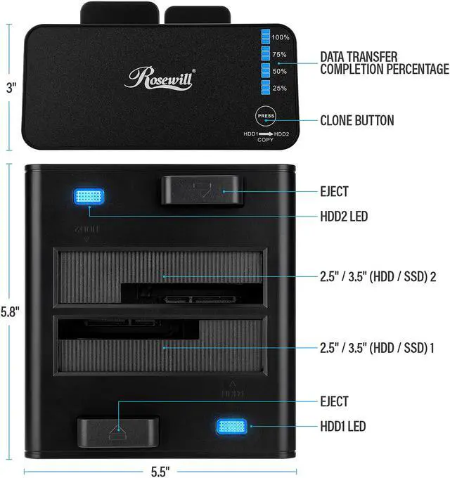 Alt view image 4 of 7 - Rosewill Dual Bay Docking Station Enclosure USB 3.0 for 2.5"/3.5" SATA III HDD and SSD External Hard Drive Clone Without Computer - RX235
