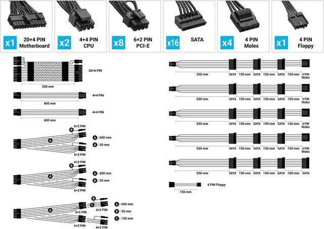 Alt view image 7 of 7 - Rosewill SMG Series, SMG1200, 1200W Fully Modular Power Supply, 80 PLUS GOLD Certified, Low Noise Fluid Dynamic Bearing Fan with Auto Speed Control, Japanese Capacitors, Black