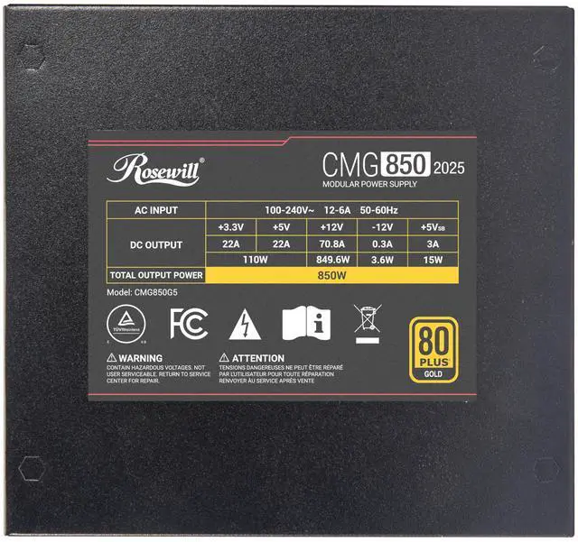 Alt view image 8 of 9 - Rosewill CMG 850W, ATX 3.0 & 3.1 Compatible, 80+ Gold 850W Full Modular Power Supply, PCIe 5.0 600W 12V-2x6 Connector, 100% Japanese Capacitors, 120mm FDB Fans - CMG850G5