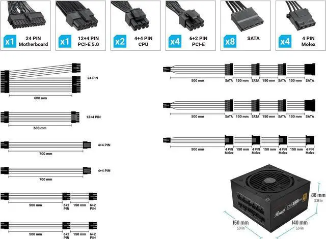 Alt view image 9 of 9 - Rosewill CMG 850W, ATX 3.0 & 3.1 Compatible, 80+ Gold 850W Full Modular Power Supply, PCIe 5.0 600W 12V-2x6 Connector, 100% Japanese Capacitors, 120mm FDB Fans - CMG850G5