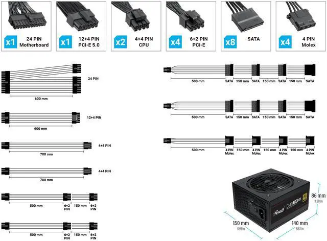 Alt view image 10 of 9 - Rosewill CMG5 1200W, ATX 3.0 & 3.1 Compatible, 80+ Gold 1200W Full Modular Power Supply, PCIe 5.0 600W 12V-2x6 Connector, 100% Japanese Capacitors, 120mm FDB Fans - CMG1200G5