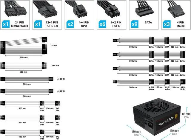 Alt view image 6 of 6 - Rosewill CS-1000M  PCIE 5.0, 80 GOLD Full Modular Gaming Power Supply, 12VHPWR Cable, 4080 4090 ATX 3.0 Compatible, 1000W PSU