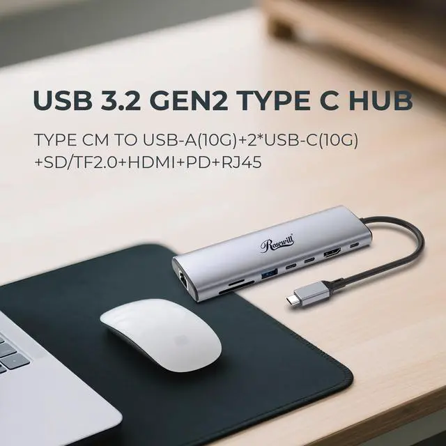 Alt view image 3 of 5 - Rosewill 8-in-1 USB-C Hub with 4K HDMI 2.0 Display, 10Gbps  USB-A Data Ports and for MacBook Pro, MacBook Air, Dell XPS, Lenovo Thinkpad, HP Laptops, RHUB-M8