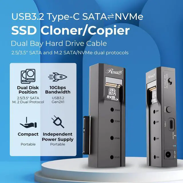 Alt view image 5 of 5 - Rosewill NVME to 2.5'' 3.5'' Offline Clone Enclosure,M.2 to SATA SSD HDD Cloner, USB-C Type-C Max 10Gbps Standalone Clone Duplicator - RS-NS-CL