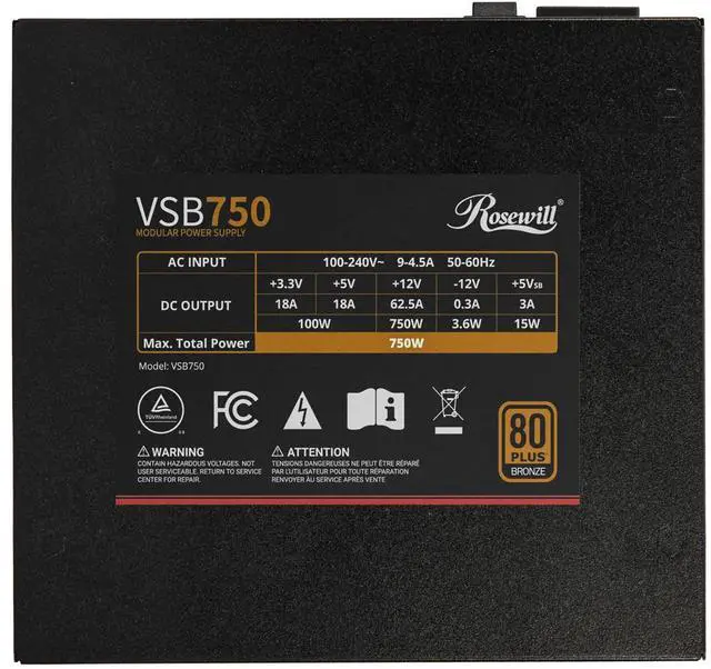 Alt view image 6 of 11 - Rosewill VSB 750W 80+ Bronze, ATX 3.0 & 3.1 Compatible, Semi-Modular Power Supply, PCIe 5.1 12V-2x6 Connector, 105°C/221°F Japanese Capacitor, 120mm ICB Silent Fan - 5 Year Warranty - VSB750