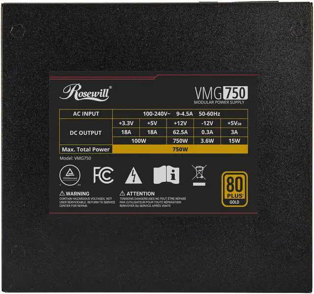 Alt view image 8 of 10 - Rosewill VMG 750W 80+ Gold, ATX 3.0 & 3.1 Compatible, Full Modular Low-Noise Power Supply, PCIe 5.1 12V-2x6 Connector, 100% Japanese Capacitor, 120mm FDB Silent Fan - 5 Year Warranty - VMG750