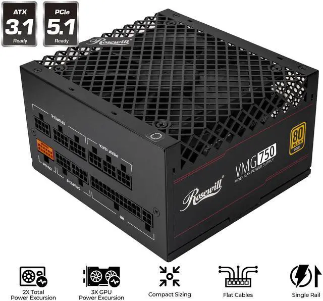 Main image of Rosewill VMG 750W 80+ Gold, ATX 3.0 & 3.1 Compatible, Full Modular Low-Noise Power Supply, PCIe 5.1 12V-2x6 Connector, 100% Japanese Capacitor, 120mm FDB Silent Fan - 5 Year Warranty - VMG750