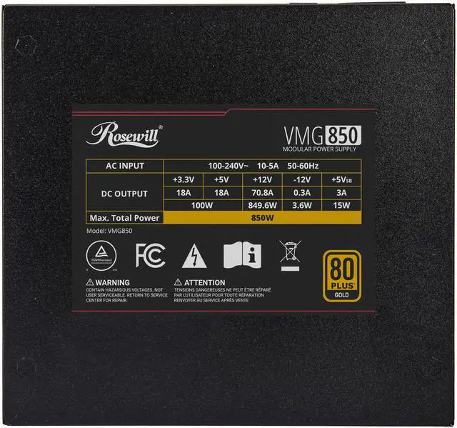 Alt view image 9 of 11 - Rosewill VMG 850W 80+ Gold, ATX 3.0 & 3.1 Compatible, Full Modular Low-Noise Power Supply, PCIe 5.1 12V-2x6 Connector, 100% Japanese Capacitor, 120mm FDB Silent Fan - 5 Year Warranty - VMG850