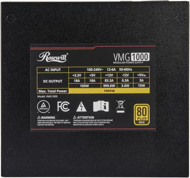 Alt view image 8 of 10 - Rosewill VMG 1000W 80+ Gold, ATX 3.0 & 3.1 Compatible, Full Modular Low-Noise Power Supply, PCIe 5.1 12V-2x6 Connector, 100% Japanese Capacitor, 120mm FDB Silent Fan - 5 Year Warranty - VMG1000