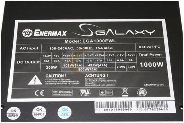 Alt view image 6 of 10 - ENERMAX GALAXY EGA1000EWL 1000 W ATX / BTX SLI Ready 80 PLUS Certified Modular Active PFC Power Supply