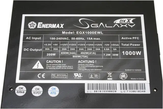 Alt view image 4 of 11 - ENERMAX SGALAXY EGX1000EWL 1000 W ATX12V/ EPS12V/ BTX SLI Ready CrossFire Ready 80 PLUS Certified Modular Active PFC Power Supply