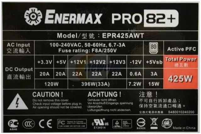 Alt view image 4 of 10 - ENERMAX PRO82+ EPR425AWT 425 W ATX12V Ver.2.3 SLI Ready CrossFire Ready 80 PLUS BRONZE Certified Active PFC Power Supply