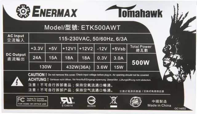Alt view image 5 of 7 - ENERMAX Tomahawk ETK500AWT 500W ATX12V V2.2 AirGuard, Speed Guard and Safe Guard Active PFC Power Supply