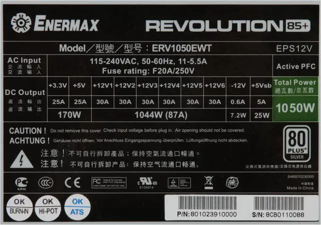 Alt view image 5 of 11 - ENERMAX REVOLUTION85+ ERV1050EWT 1050W ATX12V / EPS12V SLI Ready CrossFire Certified 80 PLUS SILVER Certified Compatible w/Core i7 Modular Active PFC Power Supply