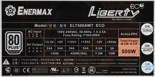 Alt view image 5 of 10 - ENERMAX Liberty ELT500AWT-ECO 500W ATX12V / EPS12V SLI Ready CrossFire Ready Compatible with Core i7  80 PLUS Certified Modular Active PFC Power Supply