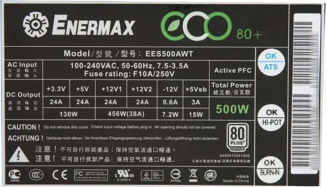 Alt view image 5 of 7 - ENERMAX ECO80+ EES500AWT 500W ATX12V V2.31 SLI & Crossfire Ready Compatible w/Core i7 80PLUS Certified w/Magnetic Magma Fan  Active PFC Power Supply