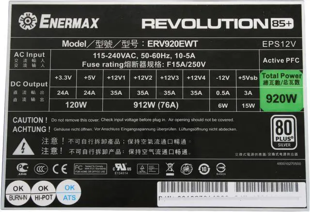 Alt view image 5 of 7 - ENERMAX REVOLUTION85+ ERV920EWT 920 W ATX12V / EPS12V SLI Ready CrossFire Ready 80 PLUS SILVER Certified Modular Active PFC Power Supply